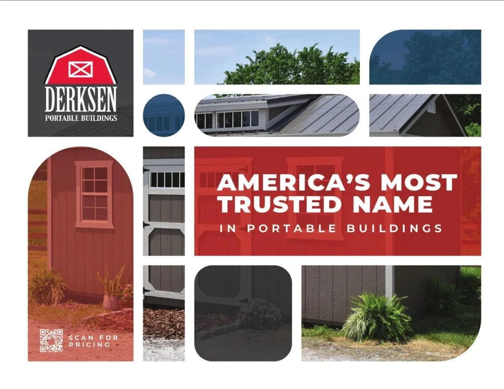 Derksen Portable Buildings brochure cover showing sheds, barns, cabins, and garages available at Homestead Landing in Dickson TN